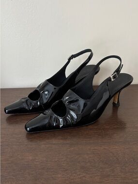 Kalda Black Patent Slingback Pointed-Toe Heels